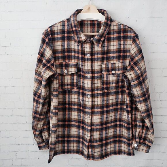 Olive & Leaf Plaid Flannel Shirt Shacket Size Womens S Gray Orange Snap Front - Picture 1 of 7